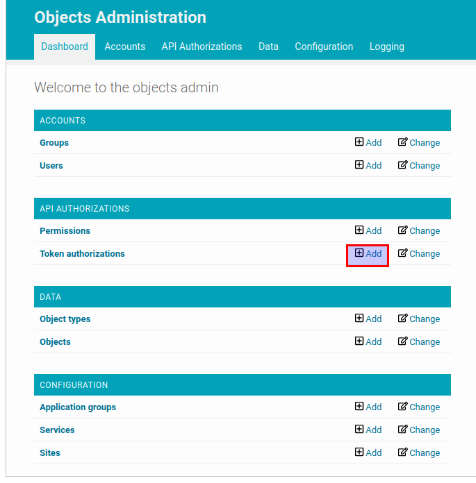 Click on the "add" button for "Token authorizations"